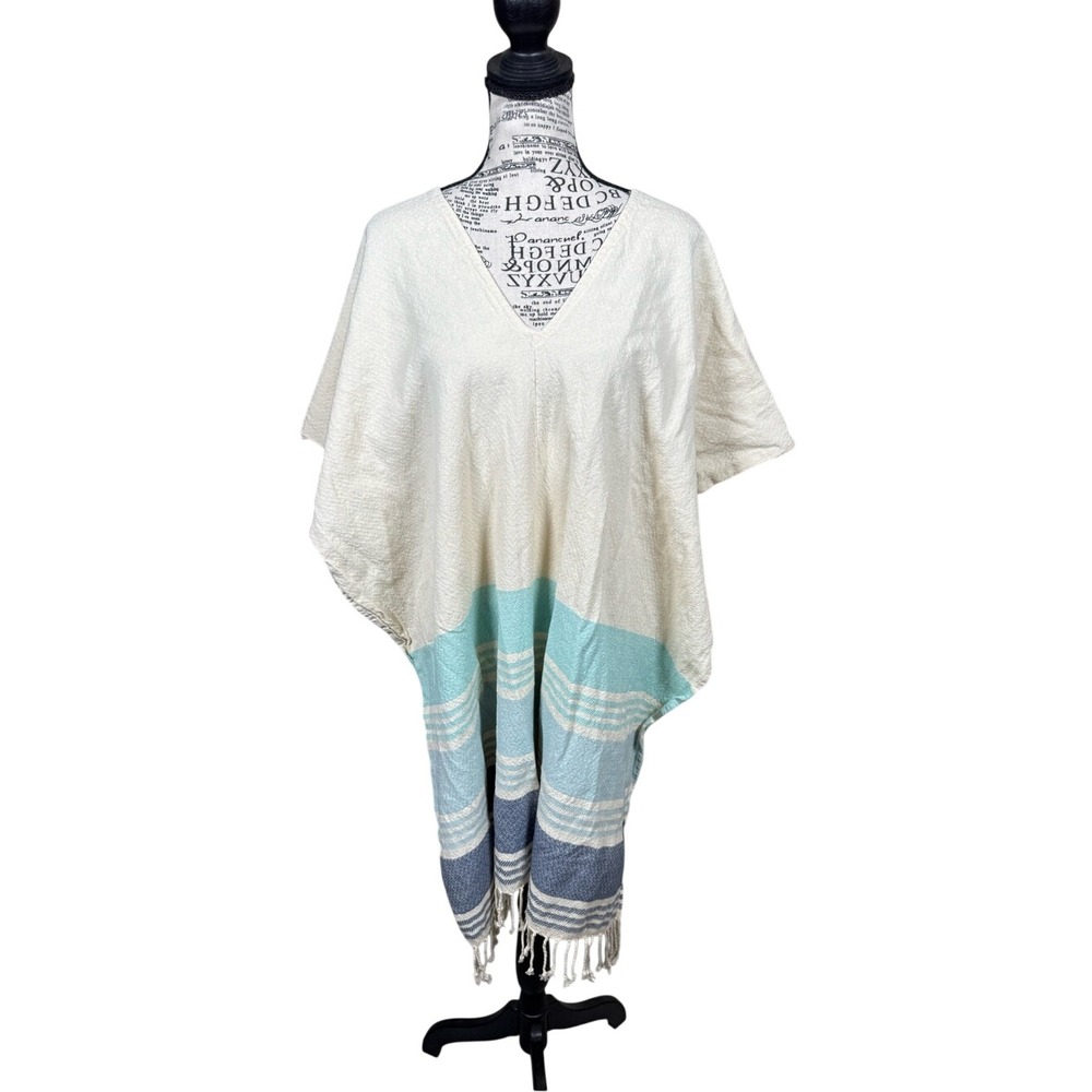 tribe alive Cream and Aqua Striped Woven Poncho